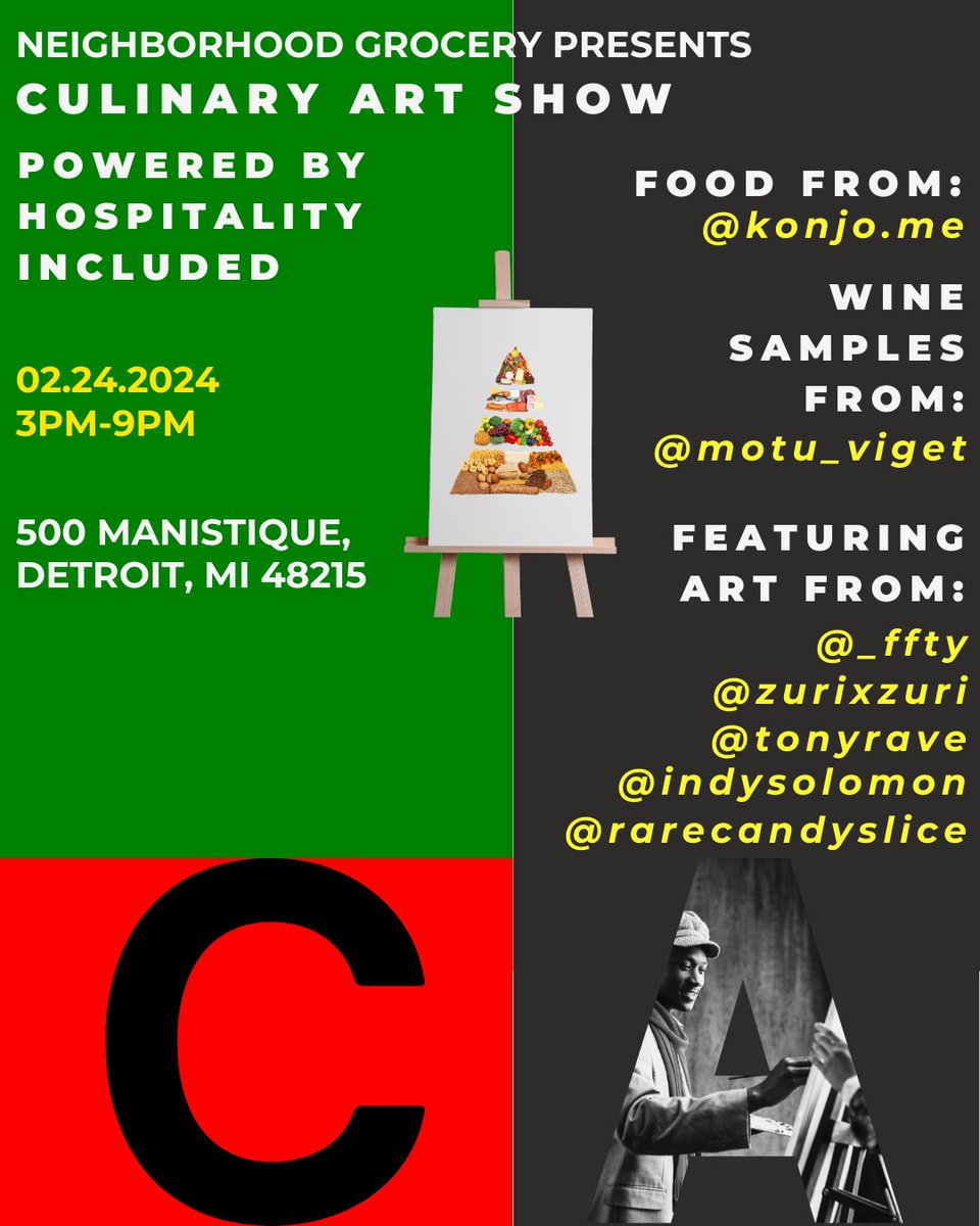 Neighborhood Grocery & Hospitality Included presents #CulinaryArt 🖼️ Art Show on February 24, 2024 from 3pm to 9pm. Sponsored by @motu_viget 

Ethiopian Food from Konjo Me. Cut-off date for food orders is 2/23 at 11:59pm. Order your food here: neighborhoodgrocery.myshopify.com/products/black…