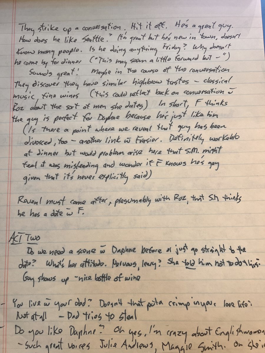 For any Frasier fans who wonder where farces comes from, I recently came across some early script notes for my first episode, 'The Matchmaker.' (Frasier sets his new boss up with Daphne; the boss, still unnamed here, thinks he's on a date with Frasier.)