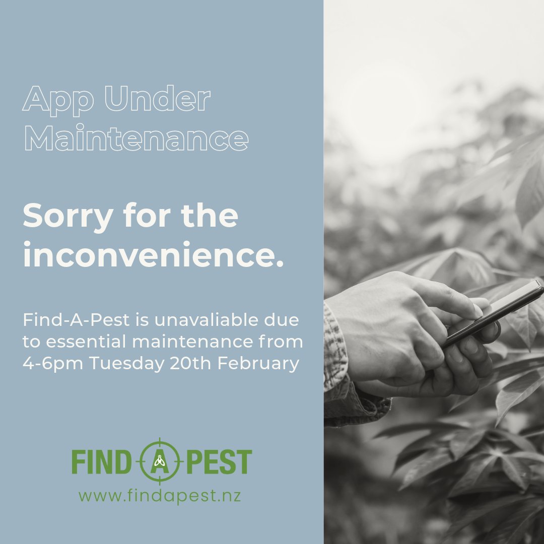 FindNz's tweet photo. Our app will be undergoing some essential infrastructure updates today (Tuesday 20th) from 4-6pm, we apologise for any inconvenience this causes. If you have any other issues with the app, please email us at help@findapest.nz https://t.co/ZDHC9ZGJ1f