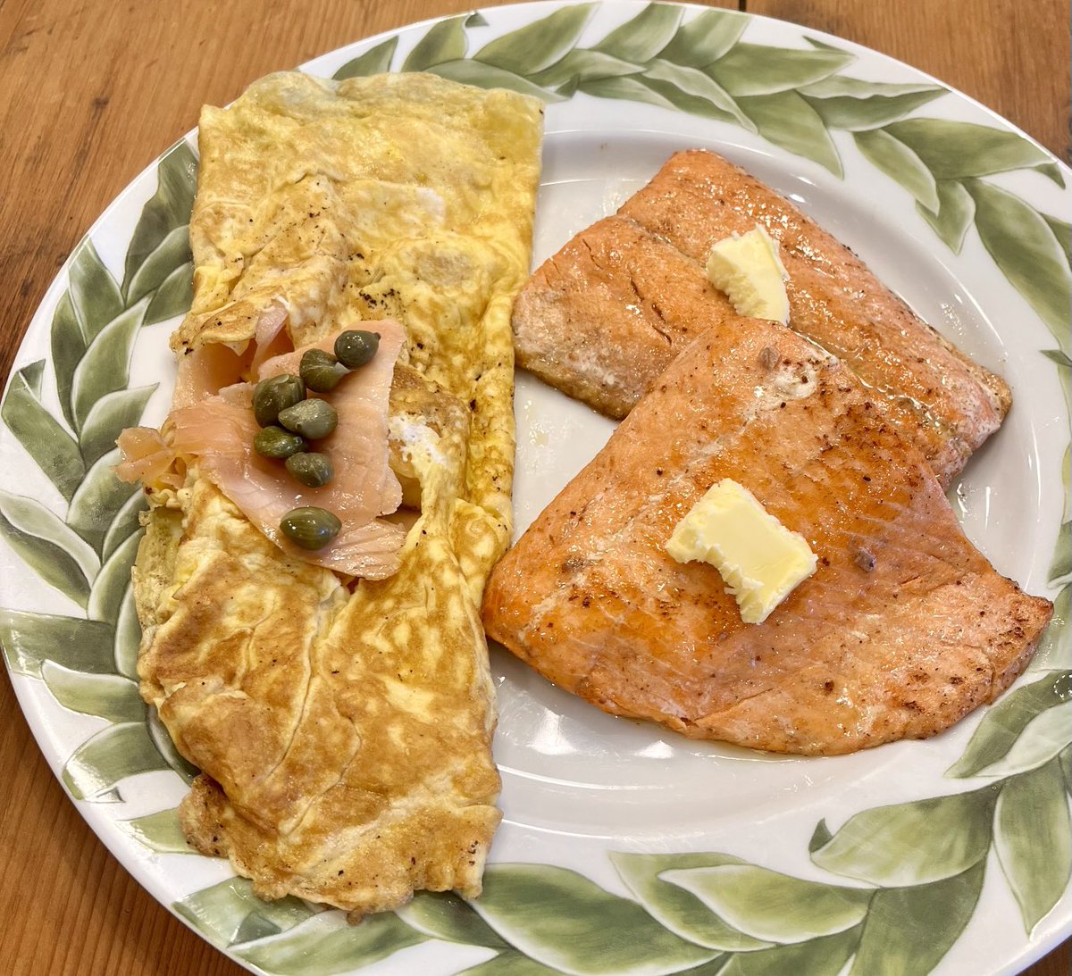 Dinner, Smoked Salmon Omelette and Butter sautéed Salmon.

Only able to eat half…long day. 

Boss said, best workout ever. I was strong, steady and absolutely gave everything my all. 

Won a few rounds of Mahjong,we play for the big bucks…often coming home winning $5. 😉