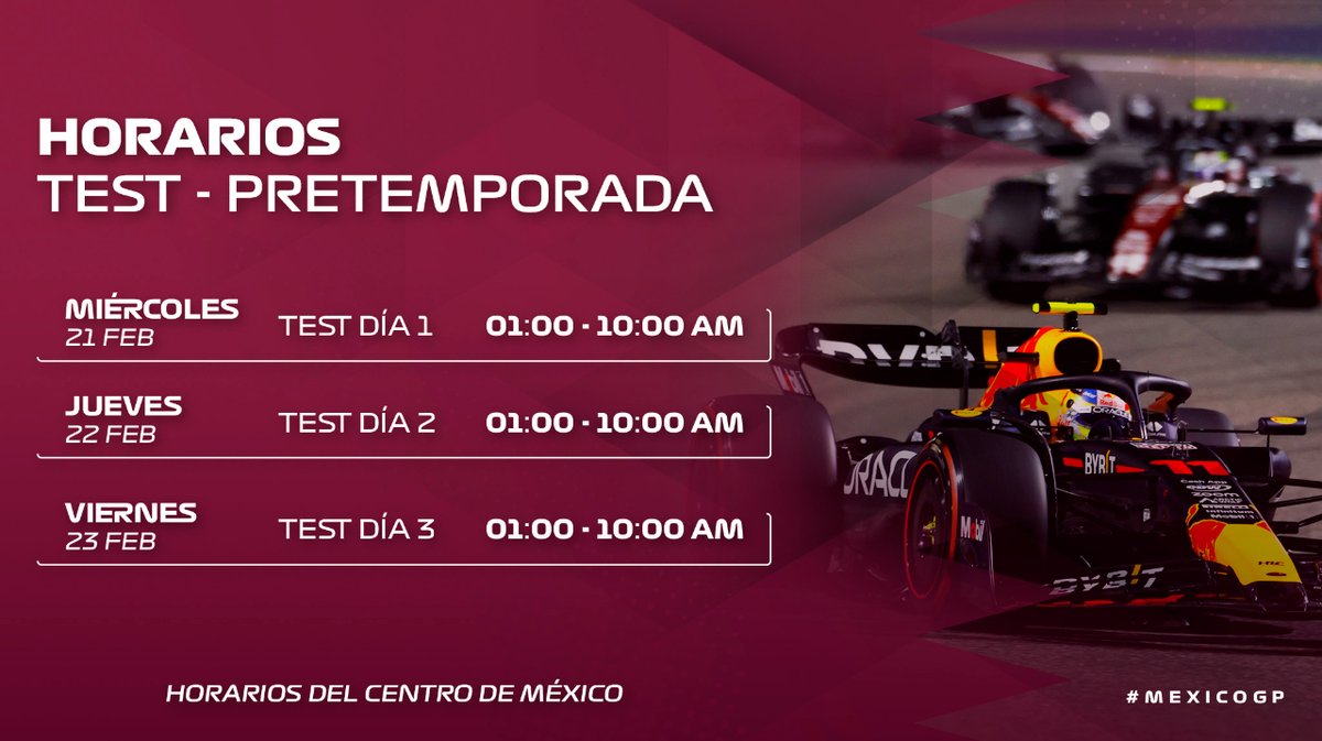 mexicogp's tweet photo. ¡Esta semana por fin tendremos acción en pista!
Conoce los horarios. 🏎️
#F1Testing #F1 https://t.co/G8qoolazAI