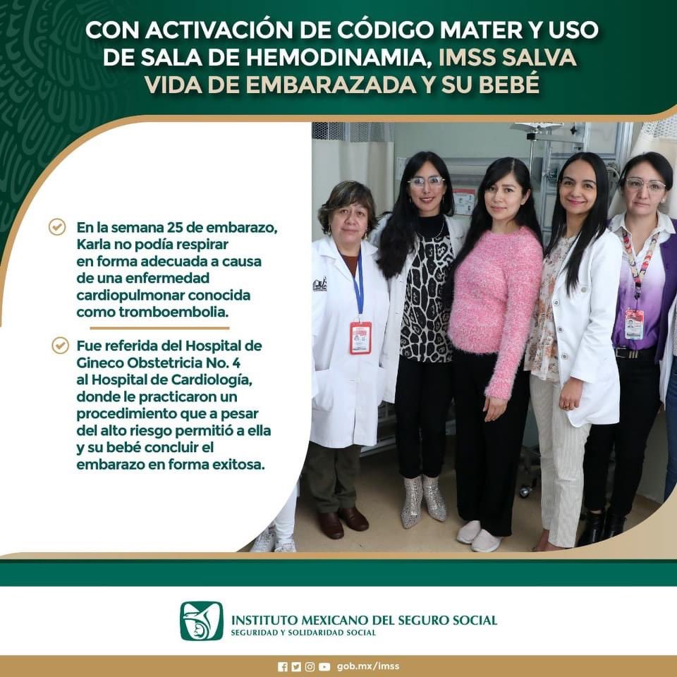 #CasoDeÉxitoIMSS Con activación de #CódigoMater y uso de Sala de Hemodinamia, IMSS salva vida de embarazada y su bebé.

➡️ tinyurl.com/44sjz7cr