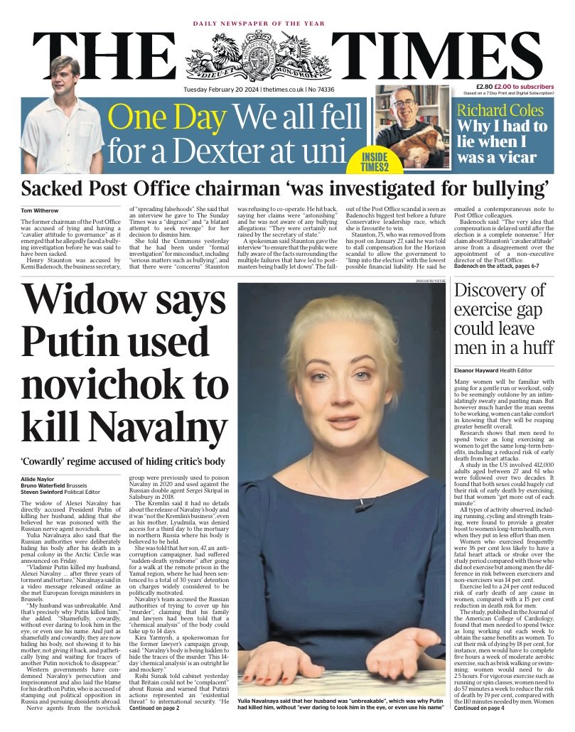 Tuesday’s TIMES: “Widow says Putin used novichok to kill Navalny” #TomorrowsPapersToday