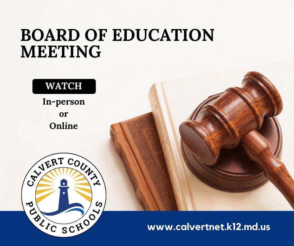 The Calvert County Board of Education's next meeting is Thursday, February 22, 2024, at 7 p.m. (open session). The meeting agenda may be viewed at: go.boarddocs.com/mabe/calvert/B…. To watch the meeting online go to: calvertnet.k12.md.us/board.../watch….