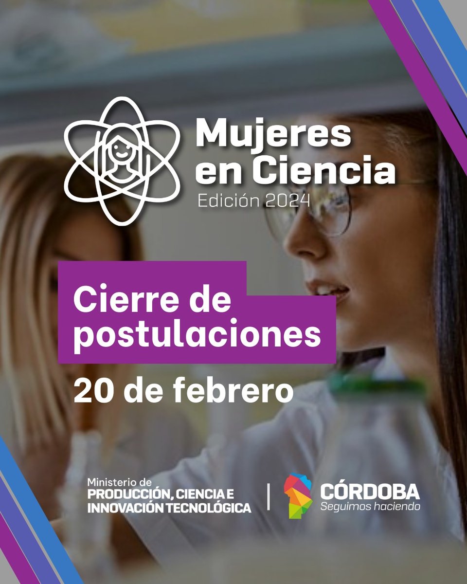 #Atención! Mañana cierran las postulaciones al Reconocimiento de #MujeresenCiencia 👉 Ingresa a nuestra web y nominá a investigadoras de Córdoba, por sus valiosos aportes a la #Ciencia, la #Tecnología y la #Innovación.
Más info: mincyt.cba.gov.ar/mujeres-en-cie…