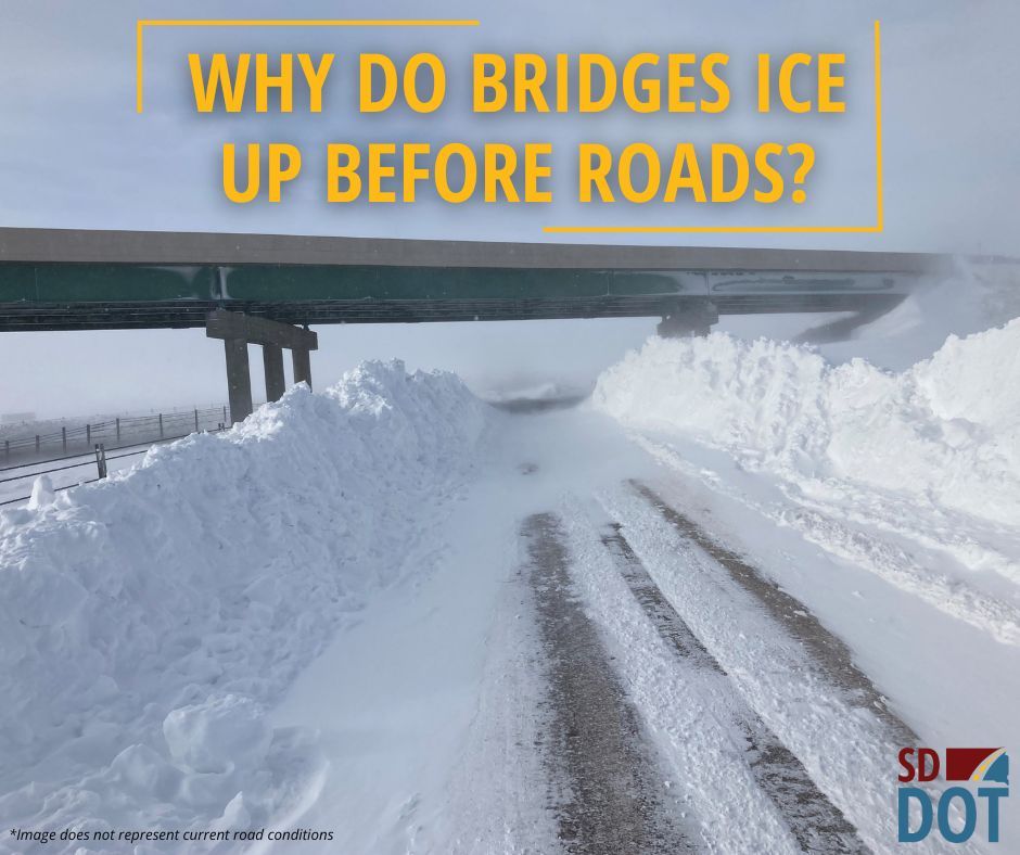 SouthDakotaDOT's tweet photo. Bridges and other structures allow air to flow above and below, resulting in colder temperatures than the adjacent pavement. These structures require increased application rates to avoid freezing on the bridge/structure prior to the surrounding pavement.  

#SDDOT #SD511 https://t.co/Pbvgg8KdL5