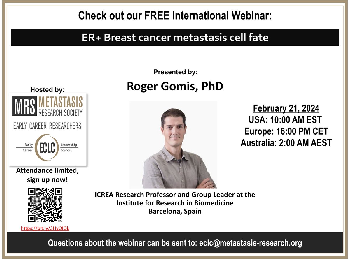 There is still time to register for this week's webinar! Dr. Roger Gomis will be discussing ER+ Breast Cancer Metastasis Cell Fate. Register here: bit.ly/3HyOIOk