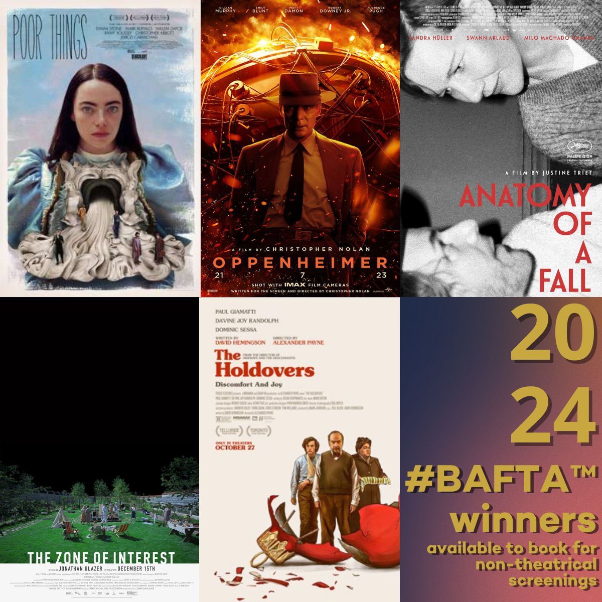 Congratulations to all the @Bafta winners - what an evening it was! Celebrate these award-winning movies by scheduling them into your programme today. Book your films here: buff.ly/3AH6REJ #Baftas2024 #filmscreening #films #awardwinners #nontheatrical