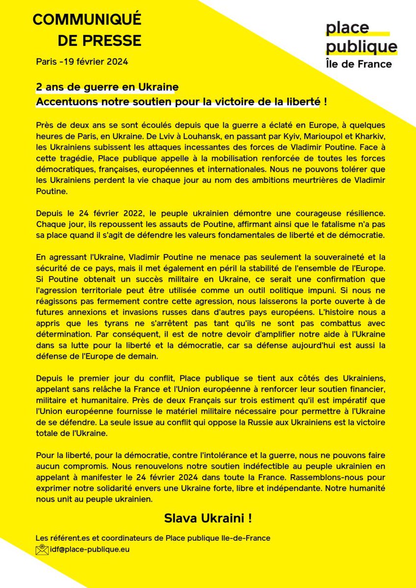 Idf_PP's tweet photo. Nous répondons à l'appel du collectif Ensemble le 24 février et appelons à massivement marcher ce samedi 24 février pour montrer notre soutien indéfectible aux ukrainiens qui se battent pour leur liberté et la nôtre. Slava Ukraini ! 🇺🇦 https://t.co/pSAykJRJaK