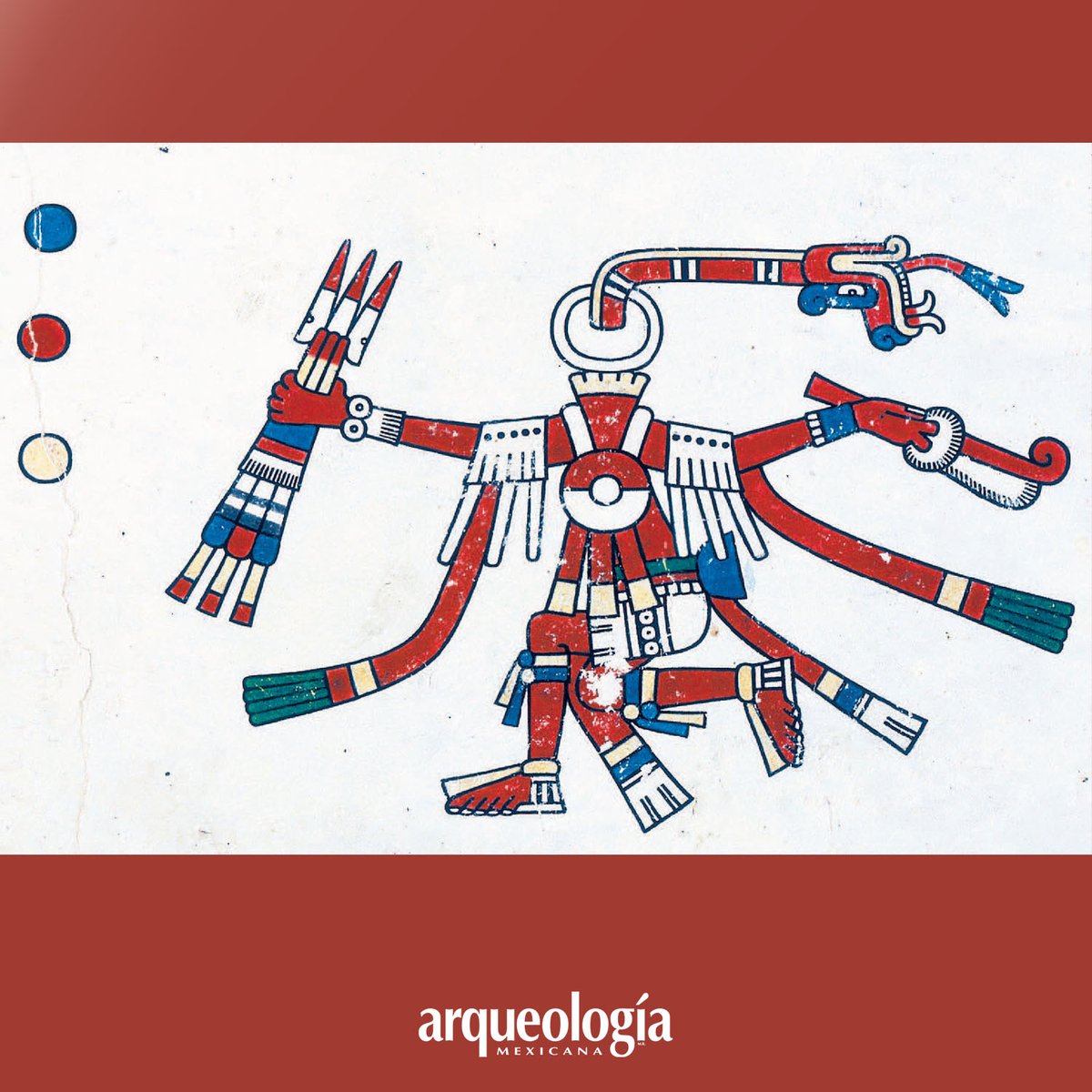 Para pintar de rojo el cuerpo humano, y el de los dioses, se utilizaban varios elementos: plumas de guacamaya, granos de maíz rojo, pinturas de achiote y cochinilla, así como pigmentos minerales, en especial hematita. Tezcatlipoca danzando victorioso con sus armas.