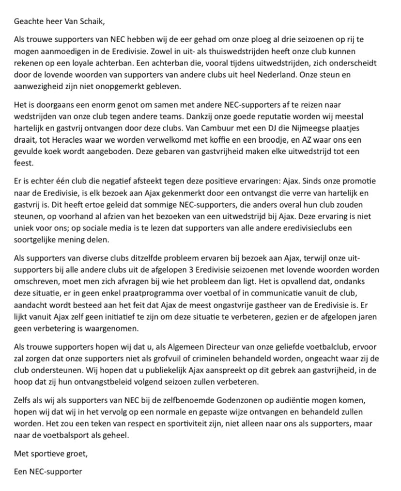 zwimpie024x2's tweet photo. ‘Sinds onze promotie
naar de Eredivisie, is elk bezoek aan Ajax gekenmerkt door een ontvangst die verre van hartelijk en
gastvrij is.’ @necnijmegen 

Liken, retweeten of de foto zelf als tweet gebruiken wordt gewaardeerd. 

Laat het een keer afgelopen zijn. https://t.co/4SiTx8dGuq