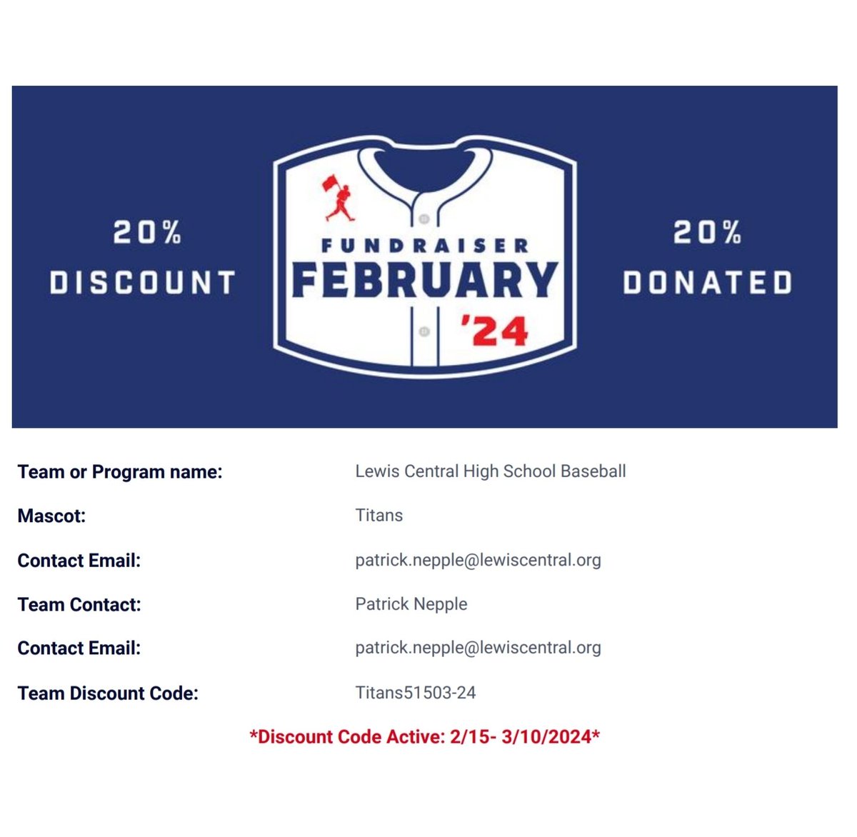 The boys H.S. baseball team is teaming up with <a href="/Baseballism/">Baseballism</a> for an easy fundraiser. Use the attached code when you purchase something and get 20% off, and the team gets 20% pretty easy and a good deal.<a href="/GGoldsberryo/">Gaven Goldsberry</a> <a href="/LCHS_bsbl/">Lewis Central Titans Baseball</a> <a href="/LewisCentralCSD/">Lewis Central Community School District</a>