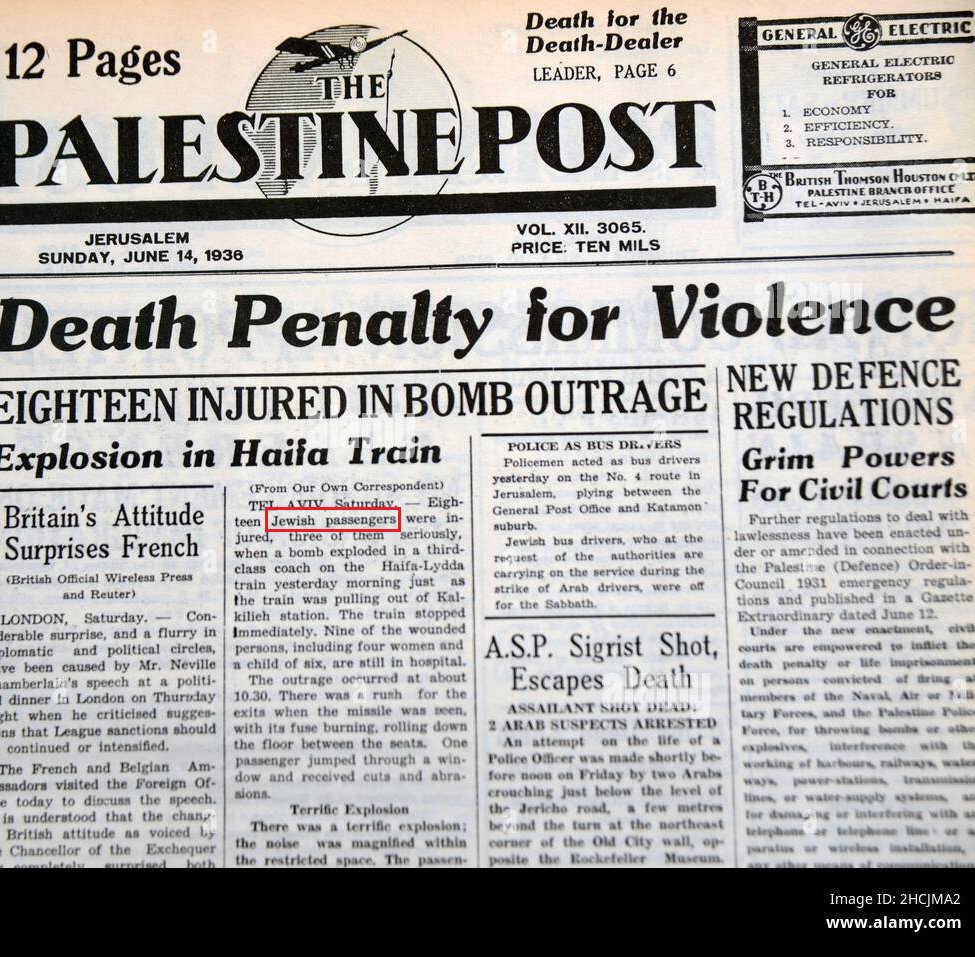 1936 arabs bombing Jews in a train in the English mandate Palestine!!! what occupation?, what oppression? pure evil against Jews.