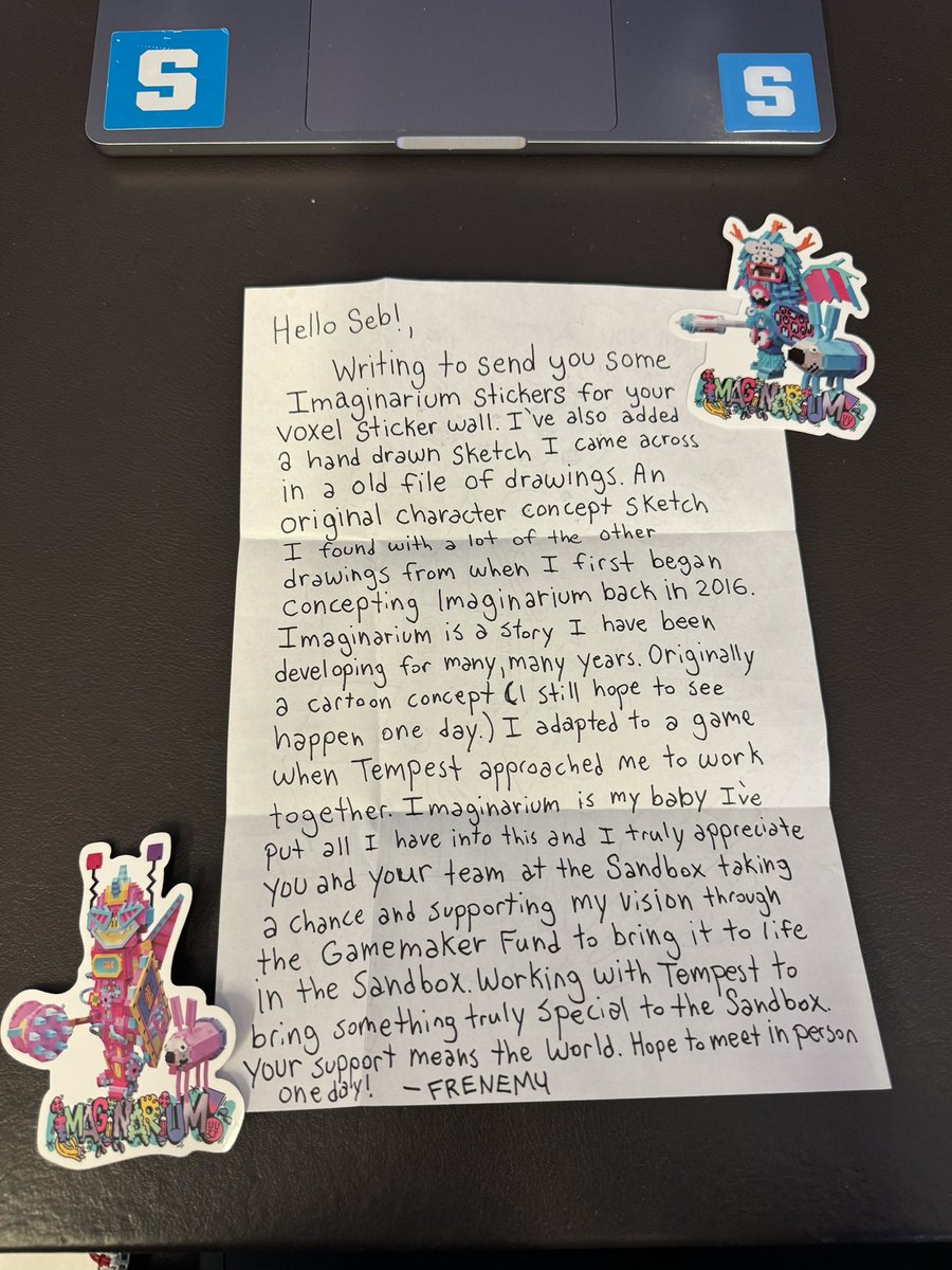 borgetsebastien's tweet photo. Thank you @frenemylife for your stickers and your warm letter 💙 - just added your #VoxelArt stickers to my laptop and @TheSandboxGame office wall https://t.co/1iKYNqtnmq