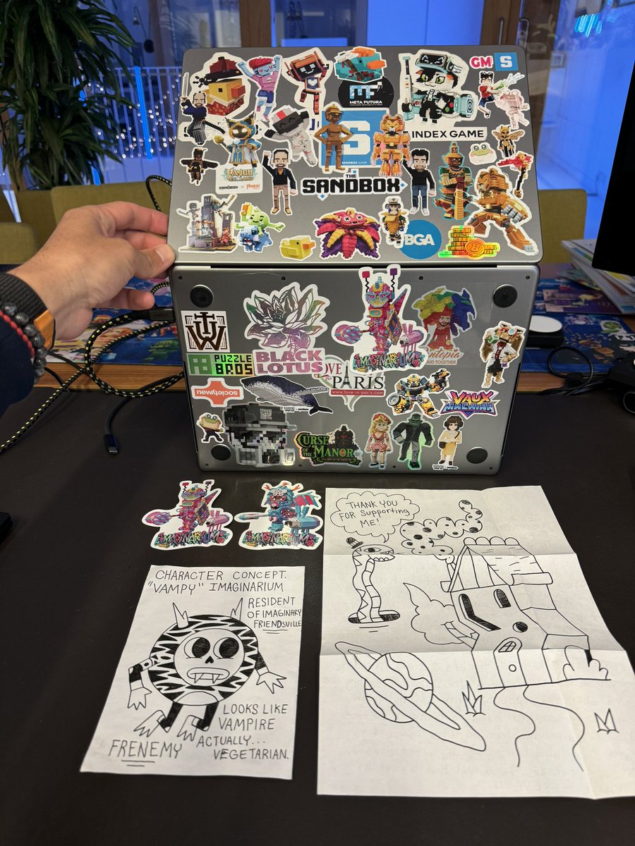 borgetsebastien's tweet photo. Thank you @frenemylife for your stickers and your warm letter 💙 - just added your #VoxelArt stickers to my laptop and @TheSandboxGame office wall https://t.co/1iKYNqtnmq