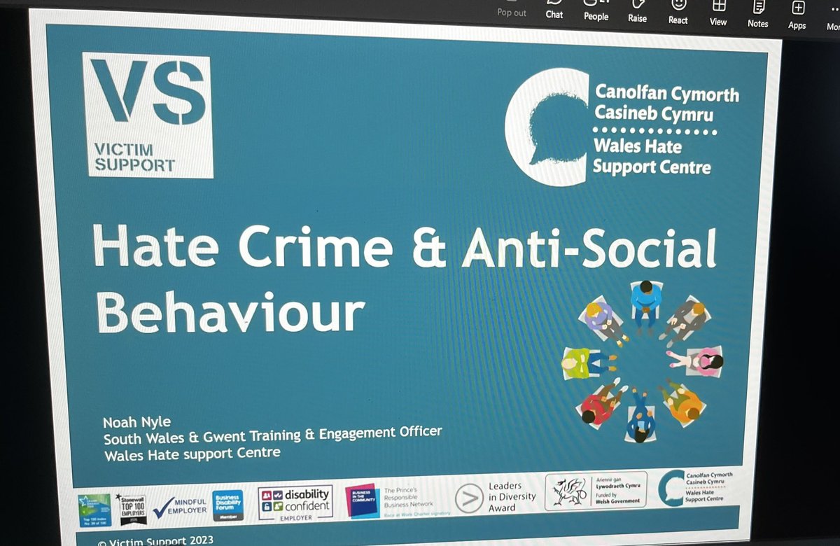 Thanks to Noah Nyle for the very informative Hate Crime & Anti-Social Behaviour Training this evening. 

For free confidential and independent support, please visit 👉victimsupport.org.uk

#No2Hate #HateHurtsWales #ASB #VictimSupport #CCBC @VictimSupportHC