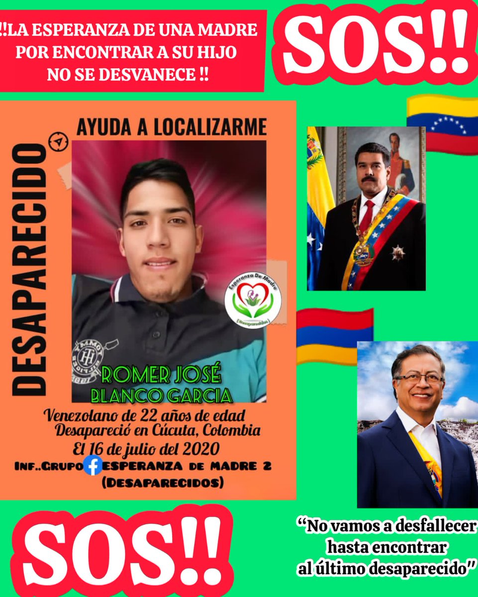 esperanzademadr's tweet photo. SOS📣 SEÑORES PRESIDENTES DE VENEZUELA Y COLOMBIA NECESITAMOS DE USTEDES PARA DAR CON EL PARADERO DE NUESTRO FAMILIAR.‼️
SON MUCHOS LOS DESAPARECIDOS‼️
#hastaencontrarteenisael 
@GustavoPetro 
@NicolasMaduro 
#DDHHINTERNACIONAL 
#DesaparicionForzada 
#CICR 
#esperanzademadre2 https://t.co/tyJyx9zC6c