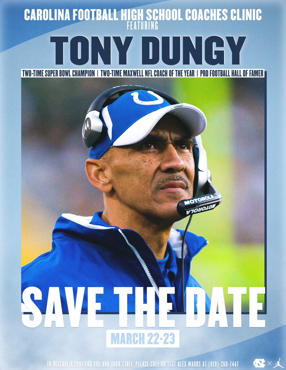 🚨HIGH SCHOOL COACHES🚨 Make sure to reserve your spot for our Coaches Clinic featuring Tony Dungy March 22 & 23! To reserve a spot for you and your staff, please contact Alex Marrs at 919-260-7447 📱 #CarolinaFootball 🏈 #UNCommon