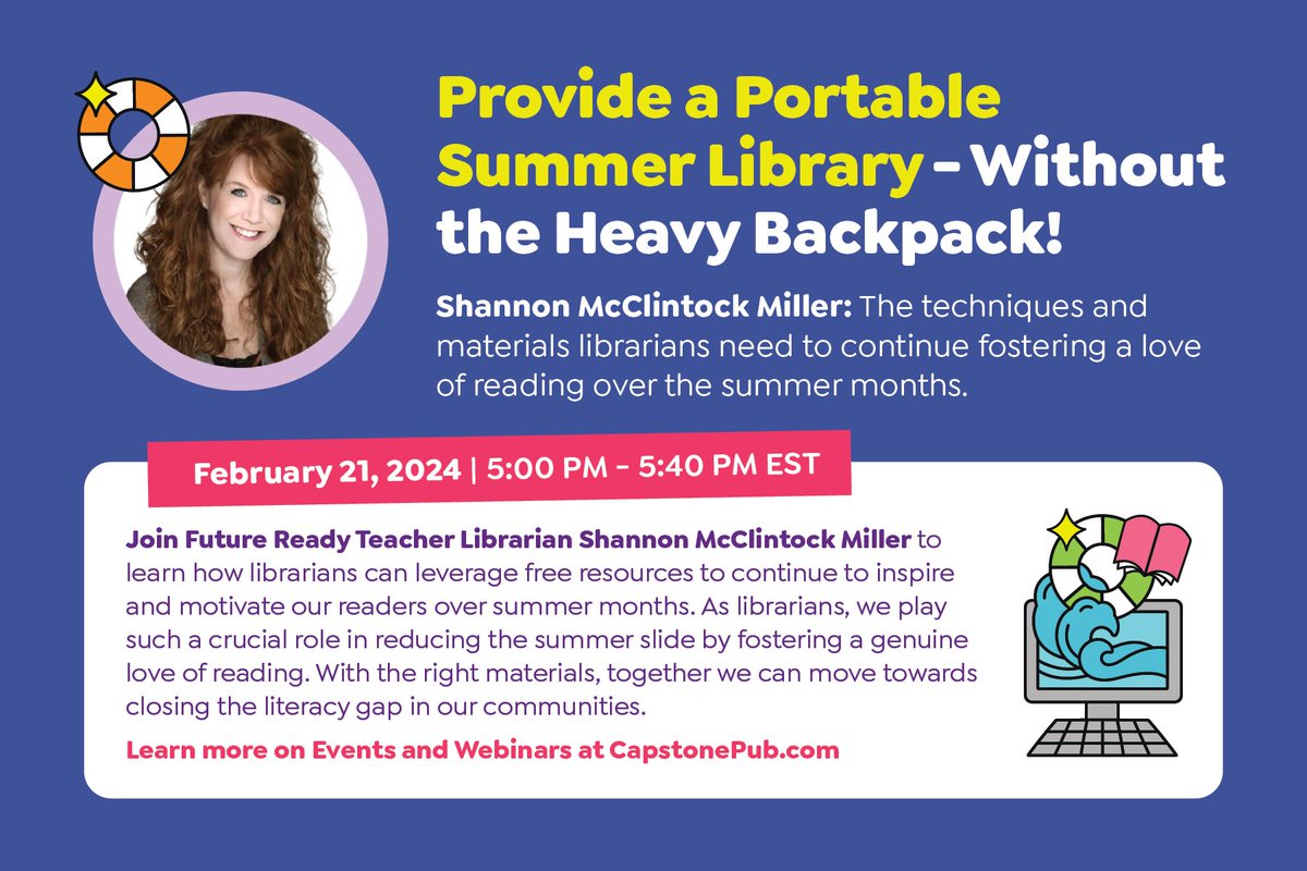 Join @shannonmmiller for a NEW webinar on Feb 21st to learn how librarians can leverage free resources to continue to inspire & motivate readers over summer months! 💻☀️ @RaintreePub Provide a Portable Summer Library—Without the Heavy Backpack! ➡️ bit.ly/3wkwD4m