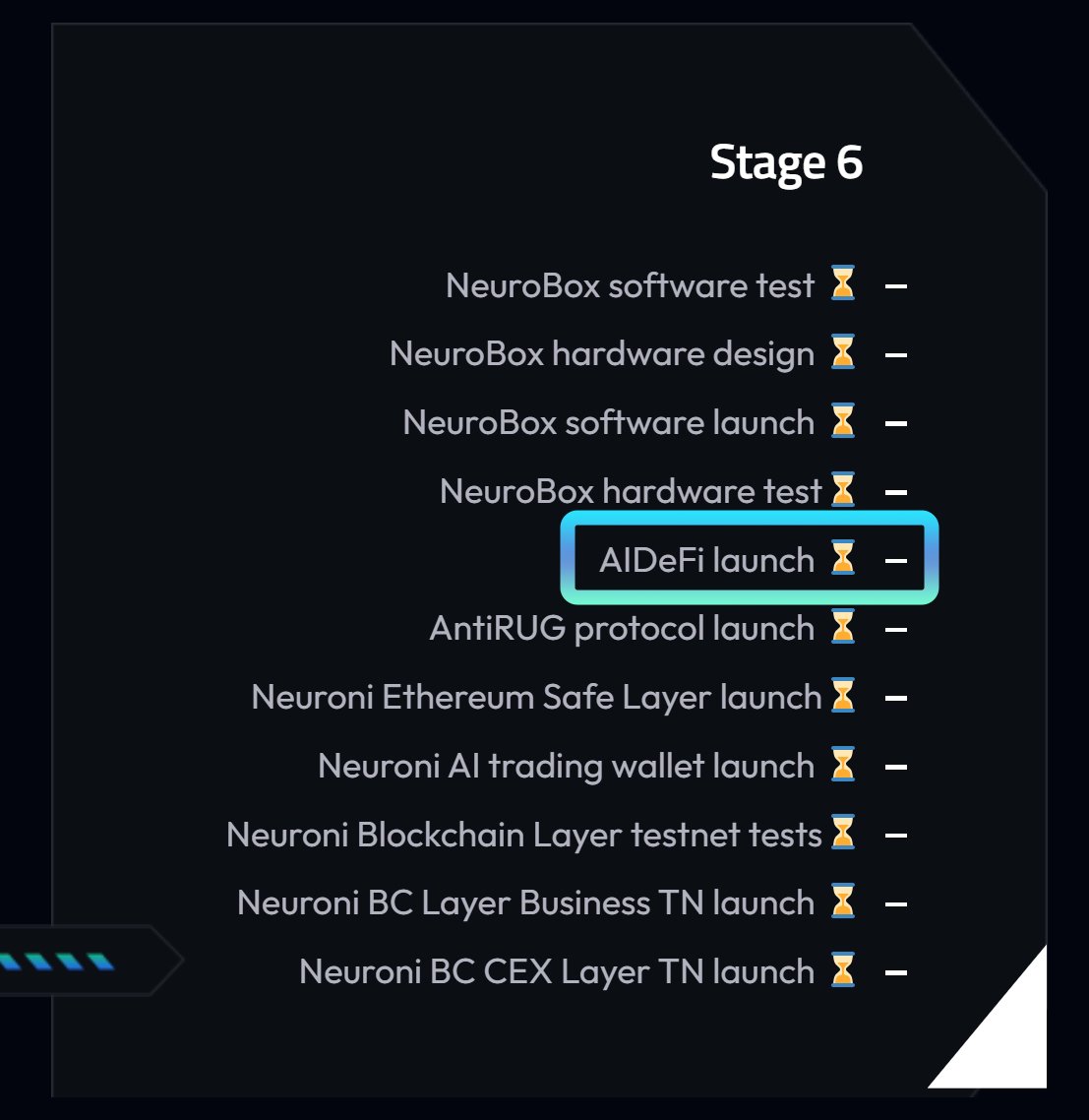 Dear Neuronians, We're eager to share with you an explanation of a step in stage 6 of our roadmap (neuroni.ai/#roadmap): The AIDeFi What exactly is AIDeFi? It's an innovative blend of Artificial Intelligence (#AI) with Decentralized Finance (#DeFi), which may sound