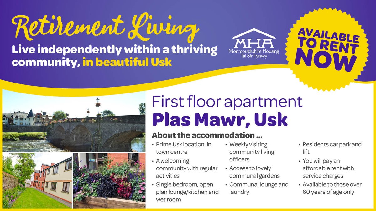 Available to rent NOW at Plas Mawr, in the beautiful village of Usk. 🌷 🌼 Contact the Monmouthshire Homesearch Team on 0345 900 2956 to register an interest and find out more. #retirementliving #over60 #monmouthshirehomesearch