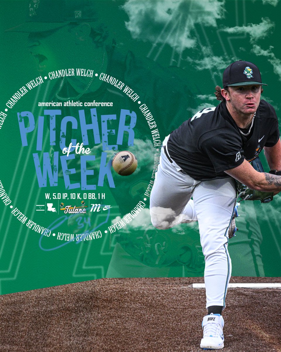 GreenWaveBSB's tweet photo. Chan Man is 𝙏𝙃𝙀 Man. The first American Athletic Conference Pitcher of the Week honor belongs to No. 3⃣4⃣.

#RollWave 🌊⚾️ https://t.co/8LOdgtM8Yp