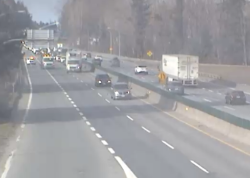 DriveBC's tweet photo. ⚠️ UPDATE - #BCHwy1 Eastbound vehicle incident has the highway reduced to a single lane at #BCHwy11 #SumasWay. Expect delays and pass with caution. #Abbotsford #YXX https://t.co/DsgXU3AdN5