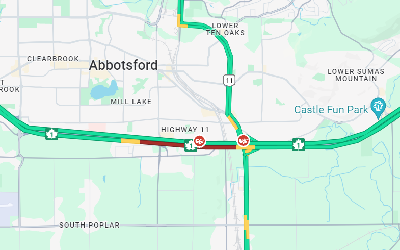 DriveBC's tweet photo. ⚠️ UPDATE - #BCHwy1 Eastbound vehicle incident has the highway reduced to a single lane at #BCHwy11 #SumasWay. Expect delays and pass with caution. #Abbotsford #YXX https://t.co/DsgXU3AdN5