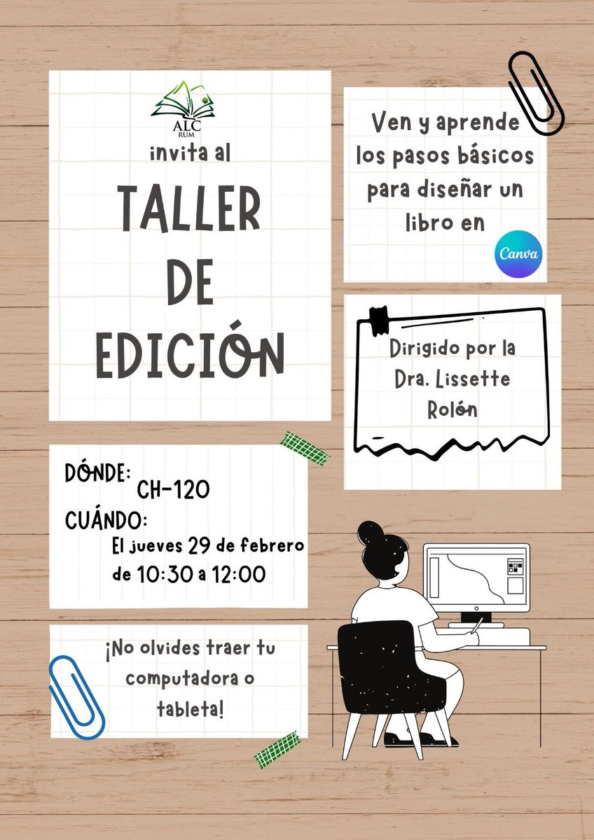 ¡Ven y aprende los pasos básicos para diseñar un libro!

La ALC les invita a nuestro Taller de Edición, el jueves 29 de febrero de 2024. 

Será dirigido por la Dra. Lissette Rolón.

No olvides:
- tu computadora o tableta
- tener una idea de libro que quieras diseñar