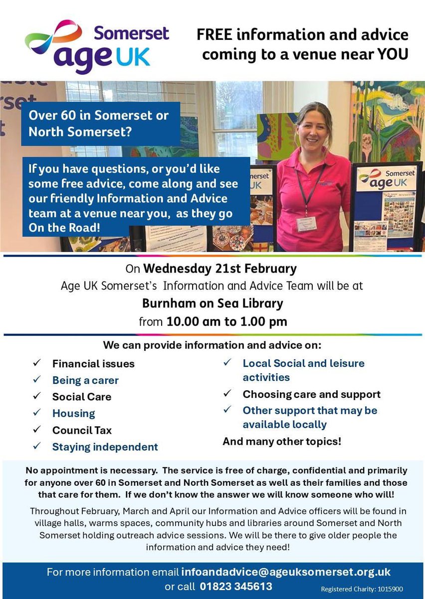 nathyc1972's tweet image. @AgeUKSomerset are are going to be at #BurnhamLibrary @SomersetLib this Wednesday 10-1! Pop in for a chat, seek advice and see how they may be able to support you or your family members. 
#AgeUKSomerset 
#AgeUK #WeAreSomersetLibraries
