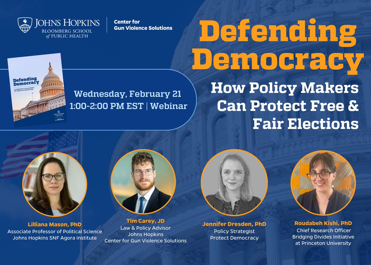 The Center is hosting a webinar on Wednesday, Feb 21 from 1-2pm EST with expert panelists to discuss the implications of threats to officials, public perception, and steps our leaders can take to protect our democratic institutions. REGISTER: publichealth.jhu.edu/events/2024/de…