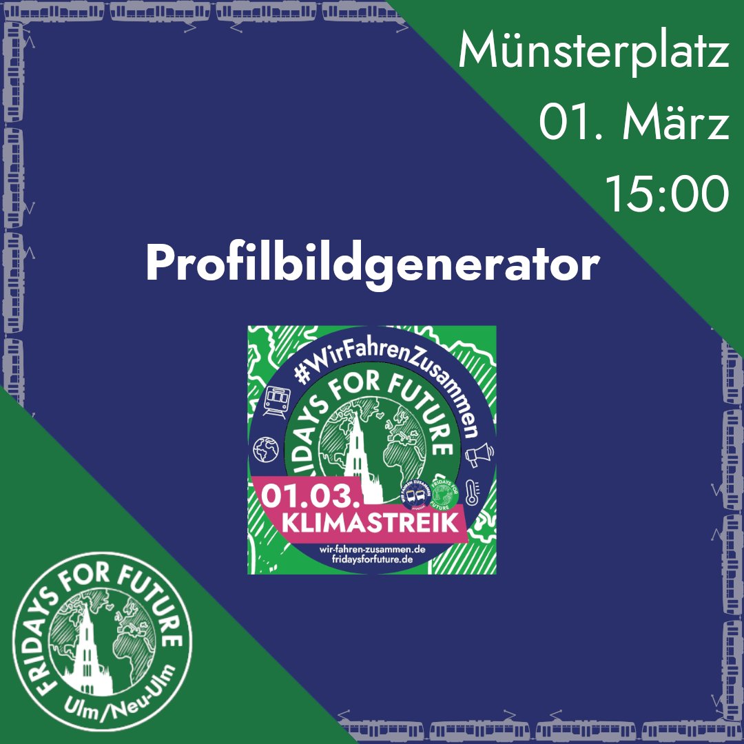 ‼️Updated jetzt euer Profilbild und macht aufmerksam auf die Demo.‼️
👆Link zum Generator findest du in unserer Bio👆
🚌Zusammen für besseren ÖPNV auf die Straße🚋
📅 01. März
🕒 15 Uhr 
📍 Münsterplatz
#wirfahrenzusammen
#fridaysforfuture #klimastreik #climatestrike #klimakrise