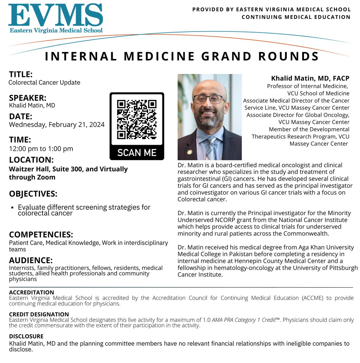 EVMSMedicine's tweet photo. 🌟 Join EVMS for Grand Rounds on Feb 21, 12-1 PM with Dr. Khalid Matin.
Topic: Colorectal Cancer Update.
In-person lunch provided. Zoom available. #EVMSMedicine #LeadershipLecture https://t.co/sYrxBP6Bf8