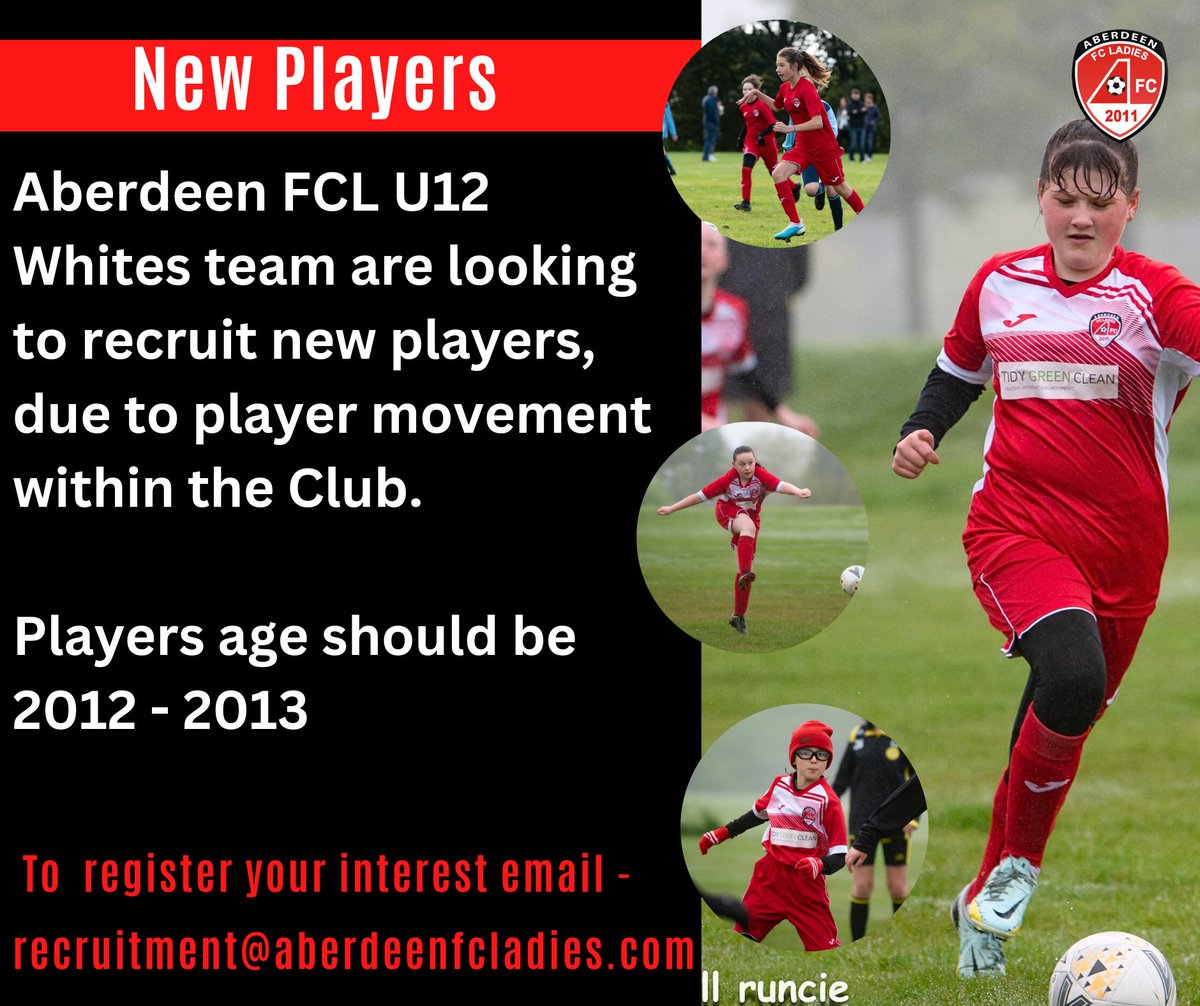 Aberdeen FC Ladies (@aberdeenfcl) on Twitter photo Due to development and player movement within the Club our U12 Whites team are looking for new players.
Get in touch if you're child's looking for a team. <a href="/Jax_Mc_Media/">Jax Mc Media</a> <a href="/Jax_Noticeboard/">Noticeboard</a> <a href="/GirlsResults/">Scottish Football Results - Girls/Women</a> Due to development and player movement within the Club our U12 Whites team are looking for new players.
Get in touch if you're child's looking for a team. <a href="/Jax_Mc_Media/">Jax Mc Media</a> <a href="/Jax_Noticeboard/">Noticeboard</a> <a href="/GirlsResults/">Scottish Football Results - Girls/Women</a>