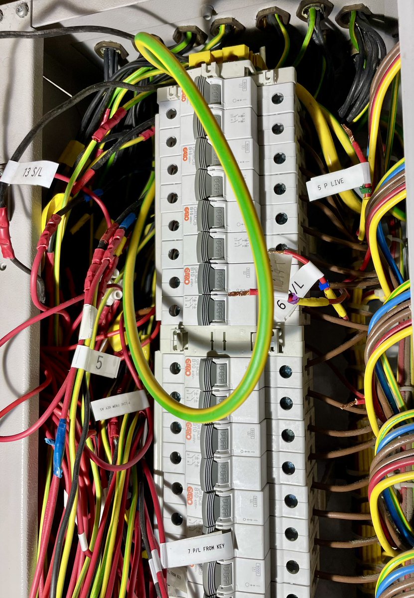 Today consisted of trying to test this old Helvar three phase dimming panel and trace cable faults on the pyros, shared neutrals, mixed phases. Being swapped to a <a href="/Lutron/">Lutron Electronics</a> <a href="/Lutron_EU/">Lutron Europe</a> Homework’s panel so need discrete circuits or the RCBOs won’t hold in. Next - tower at high level