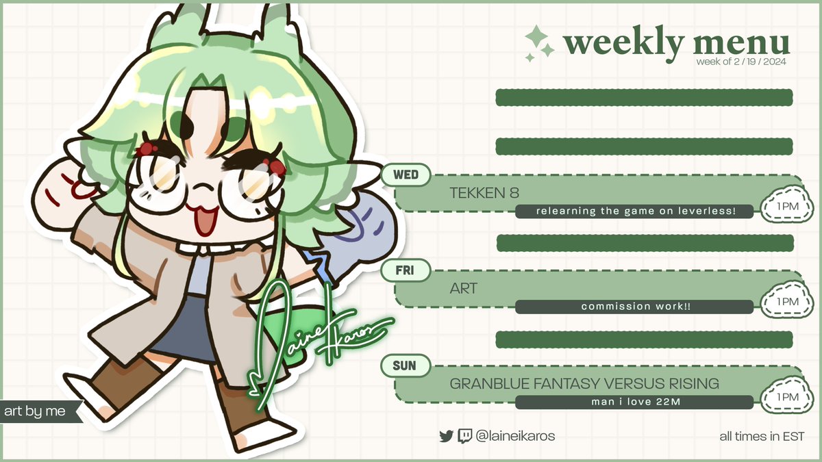 laineikaros's tweet photo. { WEEKLY MENU 02.19 → 02.25 } 🦜☕

the leverless is in! now to relearn all my fighting games 😭  we persevere! 

#calainedar #envtuber https://t.co/uQ9UXOOJBN