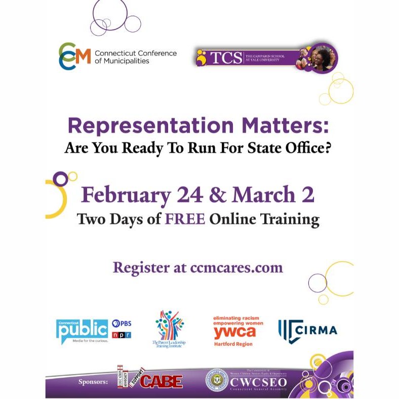 Want to learn how to run for state office? Sign up for #RepresentationMatters, a free 2-day training by @CCM_ForCT and @TCSYale. This event is aimed at BIPOC who are wondering about or considering a run for office, but everyone is welcome! Register at ccmcares.com.