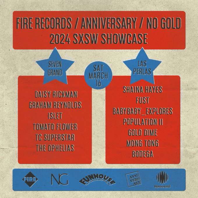 Celebrating 40 years, @firerecordings we'll be hosting an official SXSW showcase with @AnniversaryARTS! 🗓 Saturday, March 16th 📍 Seven Grand / Las Perlas No RSVP needed. Badge / wristband required. #SXSW @sxsw