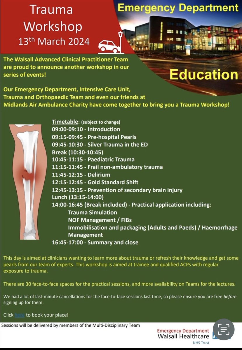 13th March @WalsallHcareNHS team are at it again. A day packed full of free teaching with some fabulous external speakers. There will be online and F2F options with taught skills to boot! Apply here: medtribe.com/courses/advanc…