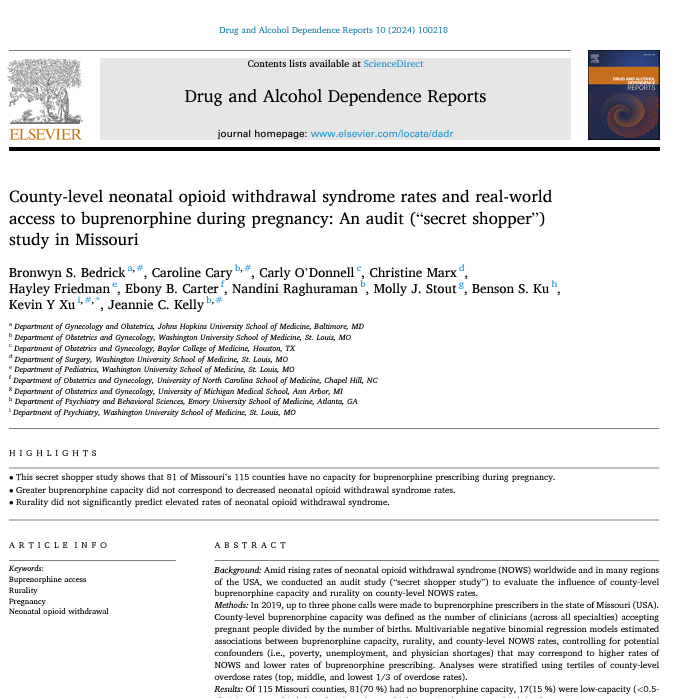 New study in Missouri examines county-level buprenorphine access & neonatal opioid withdrawal rates. Access to services was very limited, yet buprenorphine capacity didn't reduce withdrawal rates. Read more here: bit.ly/42MPYXV