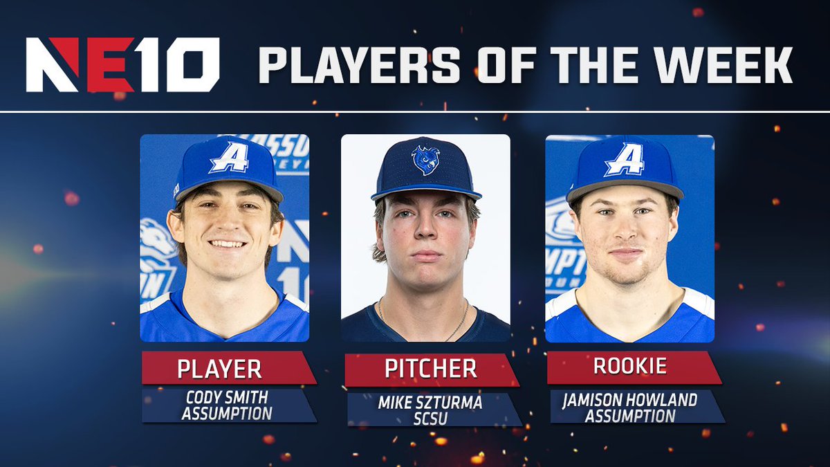 𝐁𝐀𝐒𝐄𝐁𝐀𝐋𝐋 𝐑𝐄𝐏𝐎𝐑𝐓 - 𝐖𝐄𝐄𝐊 𝟏⚾️

Two <a href="/GoAssumptionU/">Assumption University Athletics</a> Greyhounds, and Mike Szturma's 12 strikeout performance for <a href="/SCSU_Owls/">SCSU Athletics</a>  earn recognition in the first 2024 baseball awards!

🔗: shorturl.at/uyPT4

#NE10EMBRACE #NCAAD2 #D2BSB