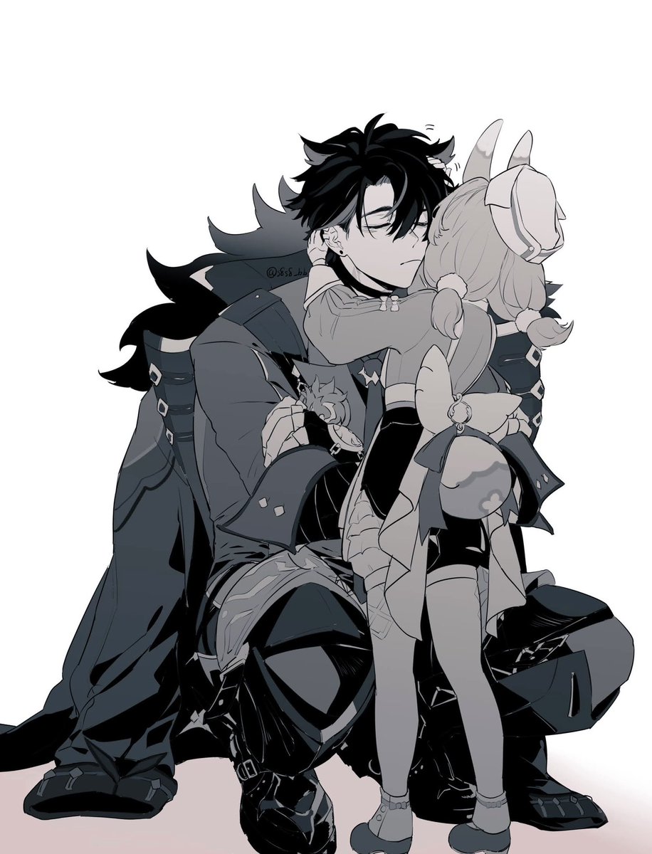 wriothesley (genshin impact) 1girl 1boy hat squatting hug monochrome tail  illustration images