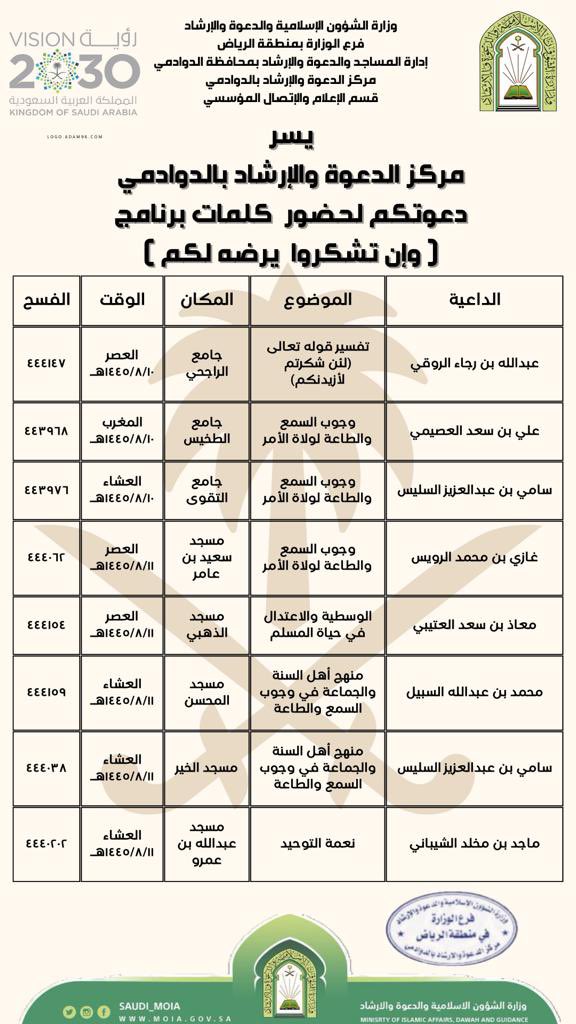 dawadmisms's tweet photo. مركز الدعوة والإرشاد في #الدوادمي يعلن إطلاق برنامج "وإن تشكروا يرضه لكم" في الجوامع التالية :

#رسالة_الدوادمي https://t.co/reKTWtLQUq