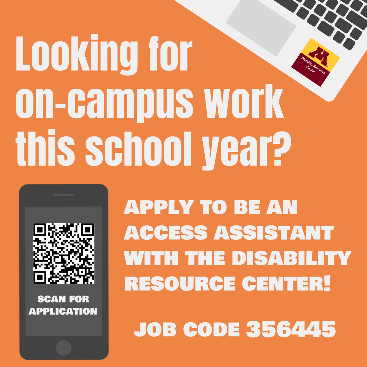 ❗️Attention undergraduate students❗Apply to be an access assistant with the Disability Resource Center! The DRC works with students, faculty/instructors, staff, & guests with documented disabilities to facilitate access. Apply: hr.umn.edu/Jobs/Find-Job; search job code 356445