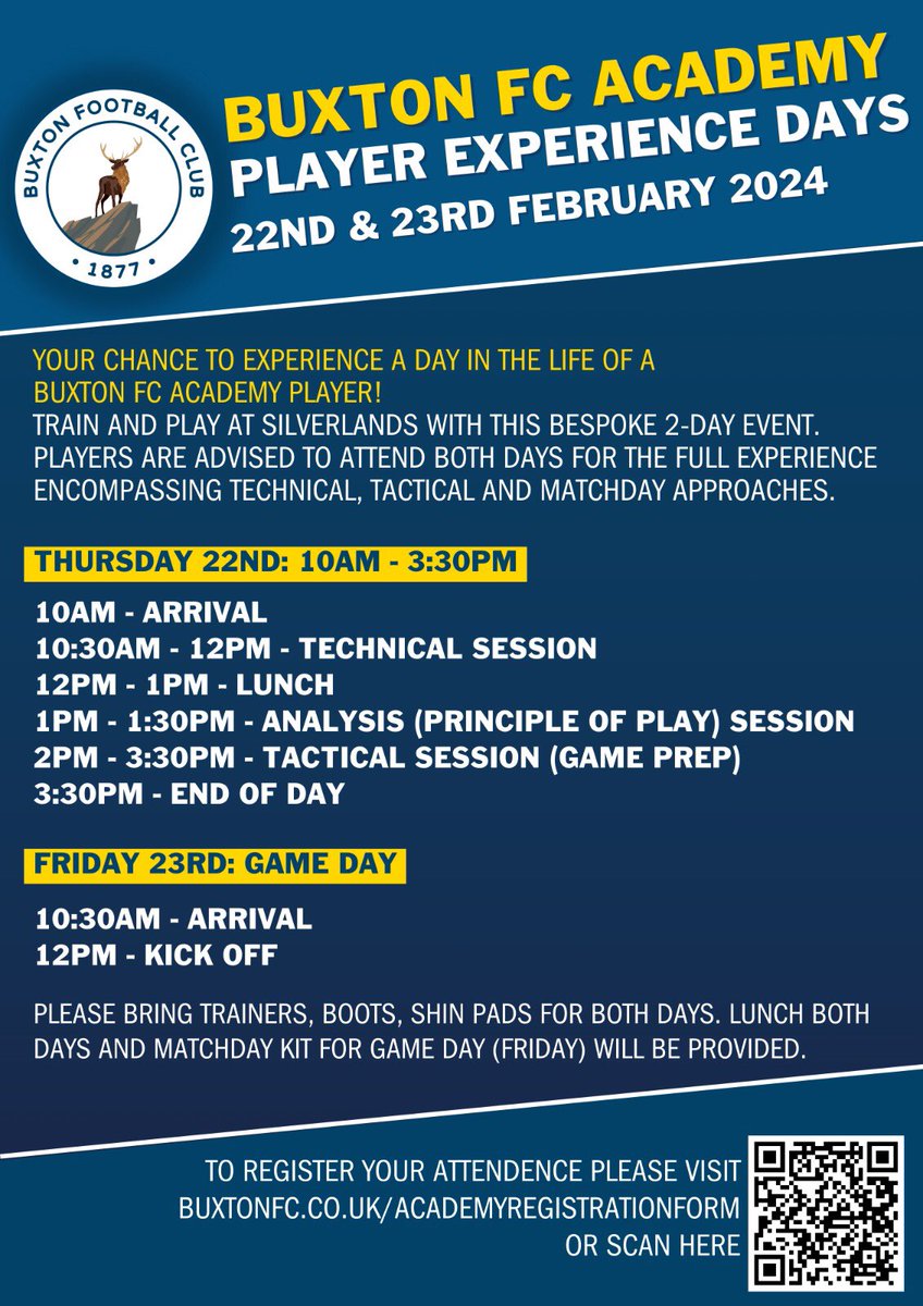 Current Year 11? @BuxtonFCAcademy experience days. This Thursday and Friday Register your place here:- buxtonfc.co.uk/academyregistr… @BCSchool1 @stthomasmorebux @ChapelHighPE
