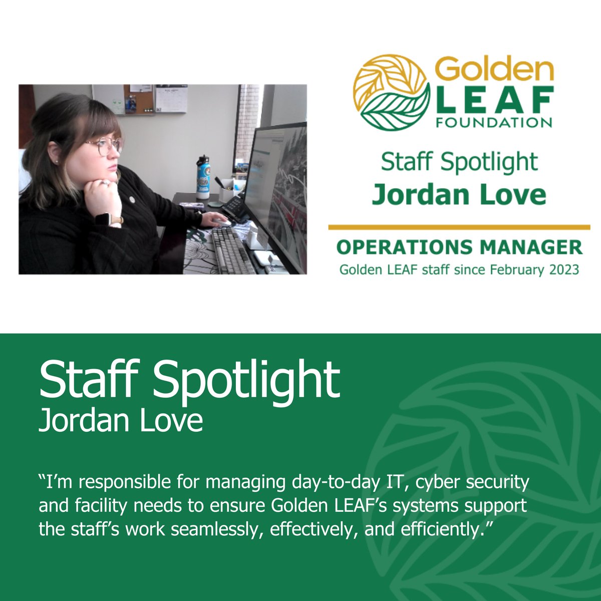 Meet Operations Manager Jordan Love 'I take great satisfaction in supporting an organization committed to supporting alternative economic activities that can diversify income sources and contribute to the overall well-being of these communities.' goldenleaf.org/news/staff-spo…