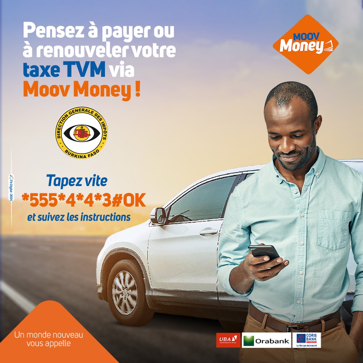moovafricabf's tweet image. Avec Moov Money, payez ou renouvelez votre taxe TVM en toute rapidité et simplicité. Vite, composez *555*4*4*3# ok et suivez les instructions
Moov Africa, un monde nouveau vous appelle !
Contact WhatsApp :+226 02 30 30 30
#MoovAfricaBurkina#Monde #Nouveau #MoovMoney