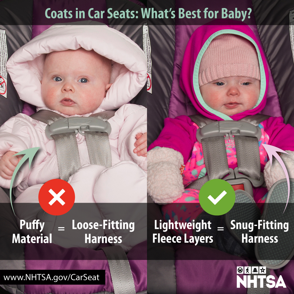 A puffy coat should never be worn under a car seat harness! Light layers allow the harness to fit more snugly. #TheRightSeat