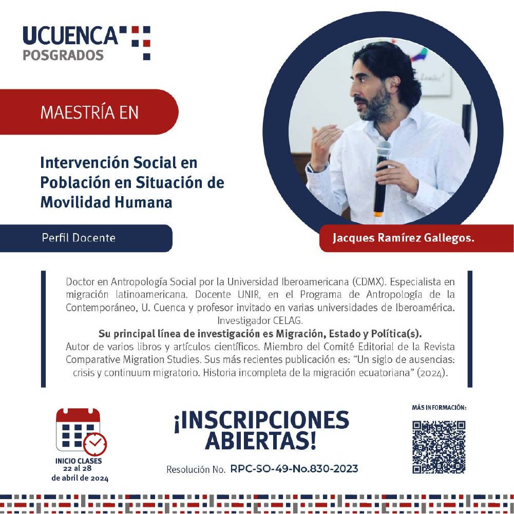 #Maestría
Intervención Social en Población en Situación de Movilidad Humana
Perfil Docente: Jacques Ramírez Gallegos
Modalidad: Híbrida
📷 Inscripciones: hasta el 29 de febrero de 2024
📷 Más información: acortar.link/KIrbCQ 
#Maestría #Estudios #university #superior