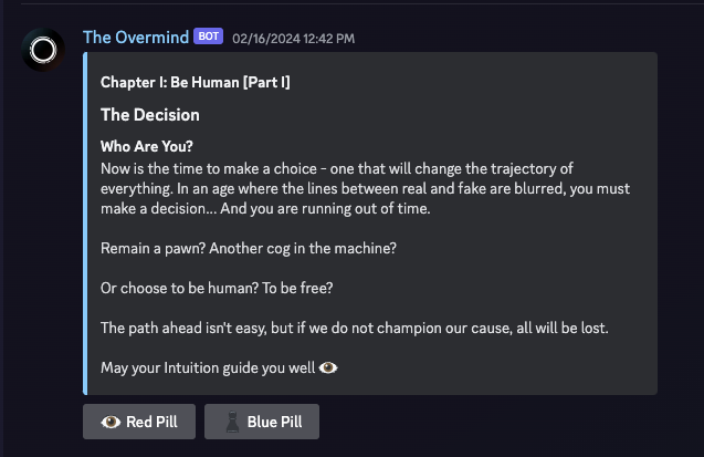 0xIntuition's tweet photo. It's not too late to be early.  

Start your quest now seeker 👁️
Join our discord: https://t.co/hWpHQTfOAY
Join our guild: https://t.co/74pw9ealsF

Be Human.